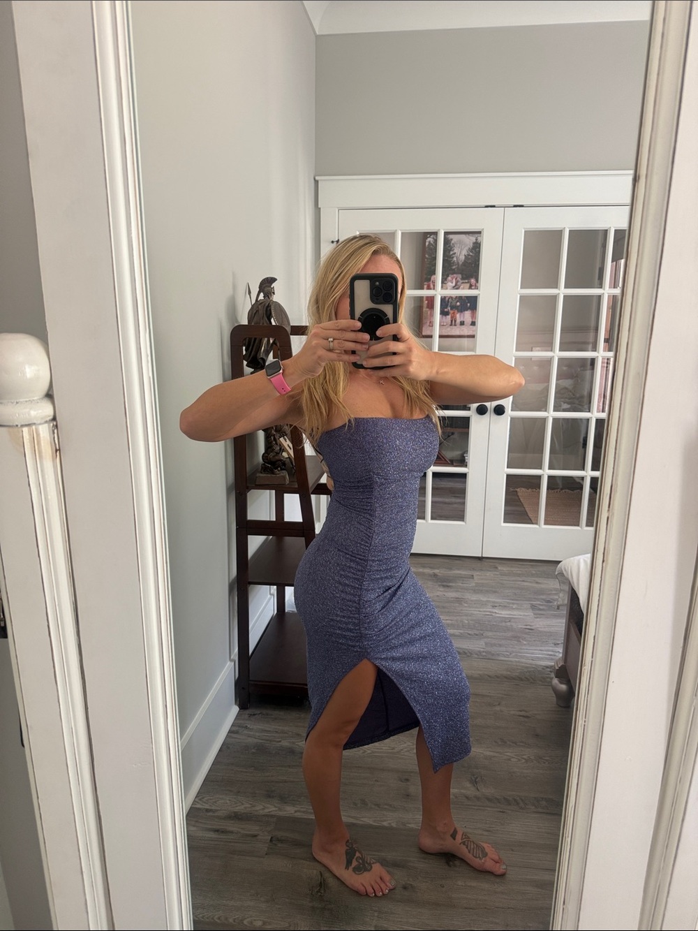 Strapless Purple Bodycon Midi Dress with Side Slit